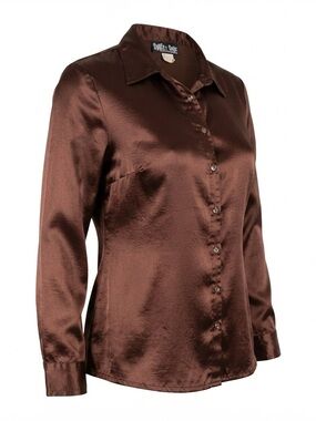 Street Code Women's Brown Satin Button Up Shirt Long Sleeve Blouse Size 2X USA